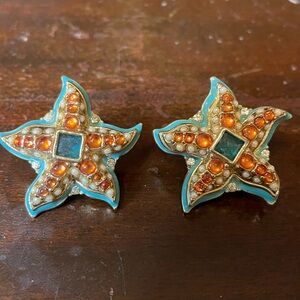 RARE Kenneth Jay Lane Avon faux pearl and rhinestones starfish earrings clips